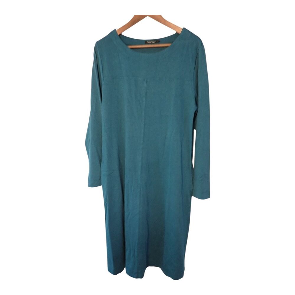 Two Danes Roni Dress L Teal Green Hemp Organic Cotton Long Sleeve Knee Length